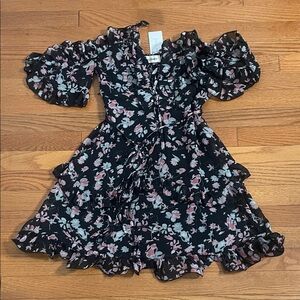 Elegant Floral Midi Dress - Black and Pink